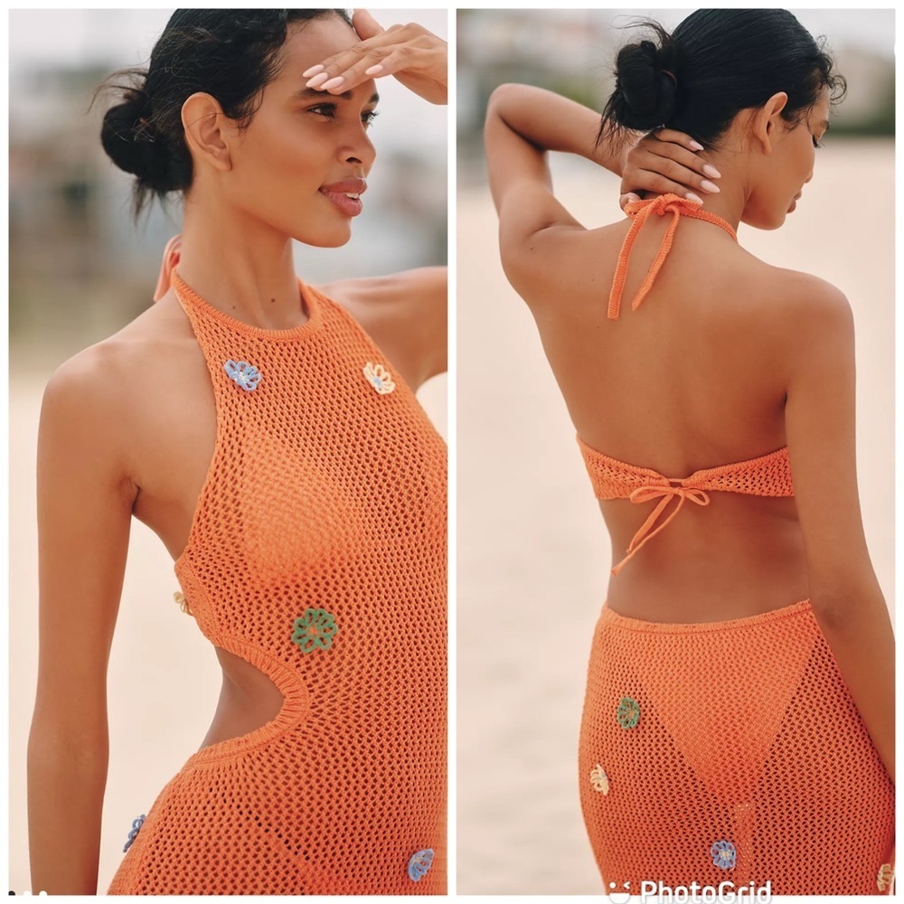 Anthropologie Celandine Crochet Halter Cover-Up Dress in Orange New with Tags! - Picture 2 of 7